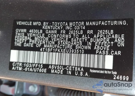 2014 Toyota Camry Se из США, поврежденный, VIN 4T1BF1FKXEU393510